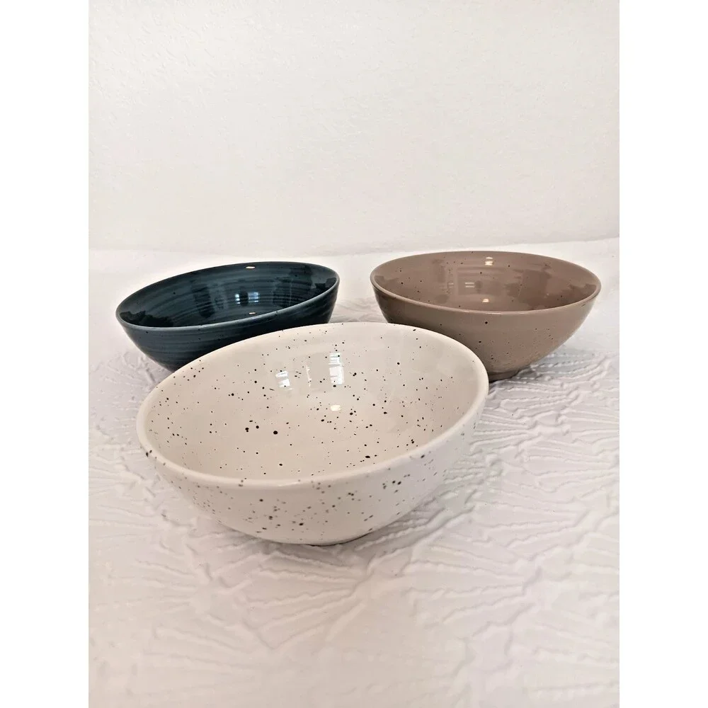 Sango Artist’s Blend Stoneware Salad Bowls Set of 3 Speckled Blue Taupe Cream